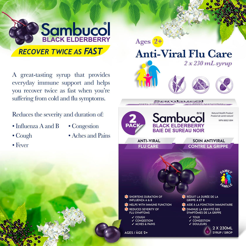 Sambucol Black Elderberry Anti-Viral Flu Care | Quickly Relieves Cold & Flu Symptoms | Immune Support & Antioxidant | Ideal for Families | Syrup, 230 mL | Pack of 2 🍁 All In One Marketplace Canada