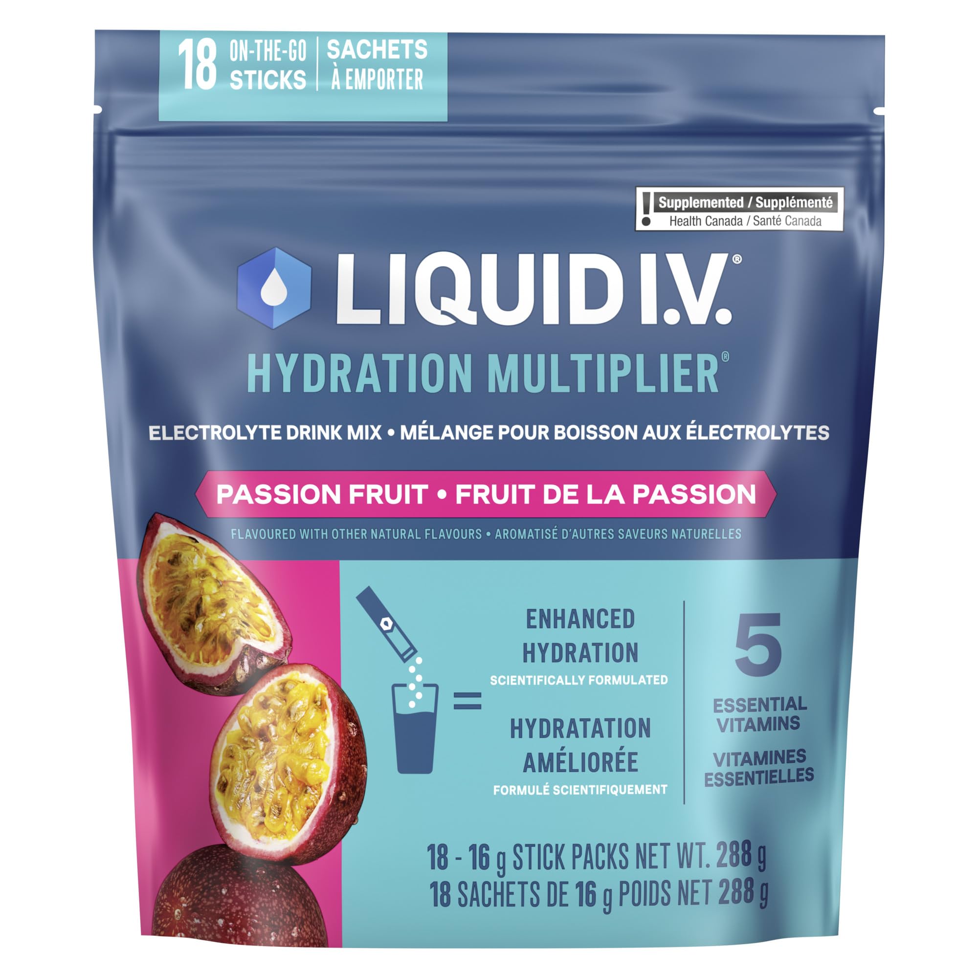 Liquid I.V. Hydration Multiplier Electrolyte Drink Mix - Enhanced Hydration Electrolyte Powder with Vitamins B3, B5, B6, B12 and C -18x On-the-go Sticks for Workout and Travel - Passion Fruit 🍁 All In One Marketplace Canada