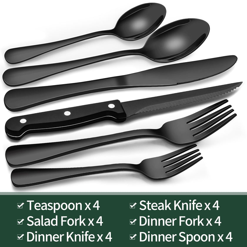 24-Piece Black Silverware Set with Steak Knives, Black Flatware Set for 4, Food-Grade Stainless Steel Tableware Cutlery Set, Mirror Finished Utensil Sets for Home Restaurant 🍁 All In One Marketplace Canada