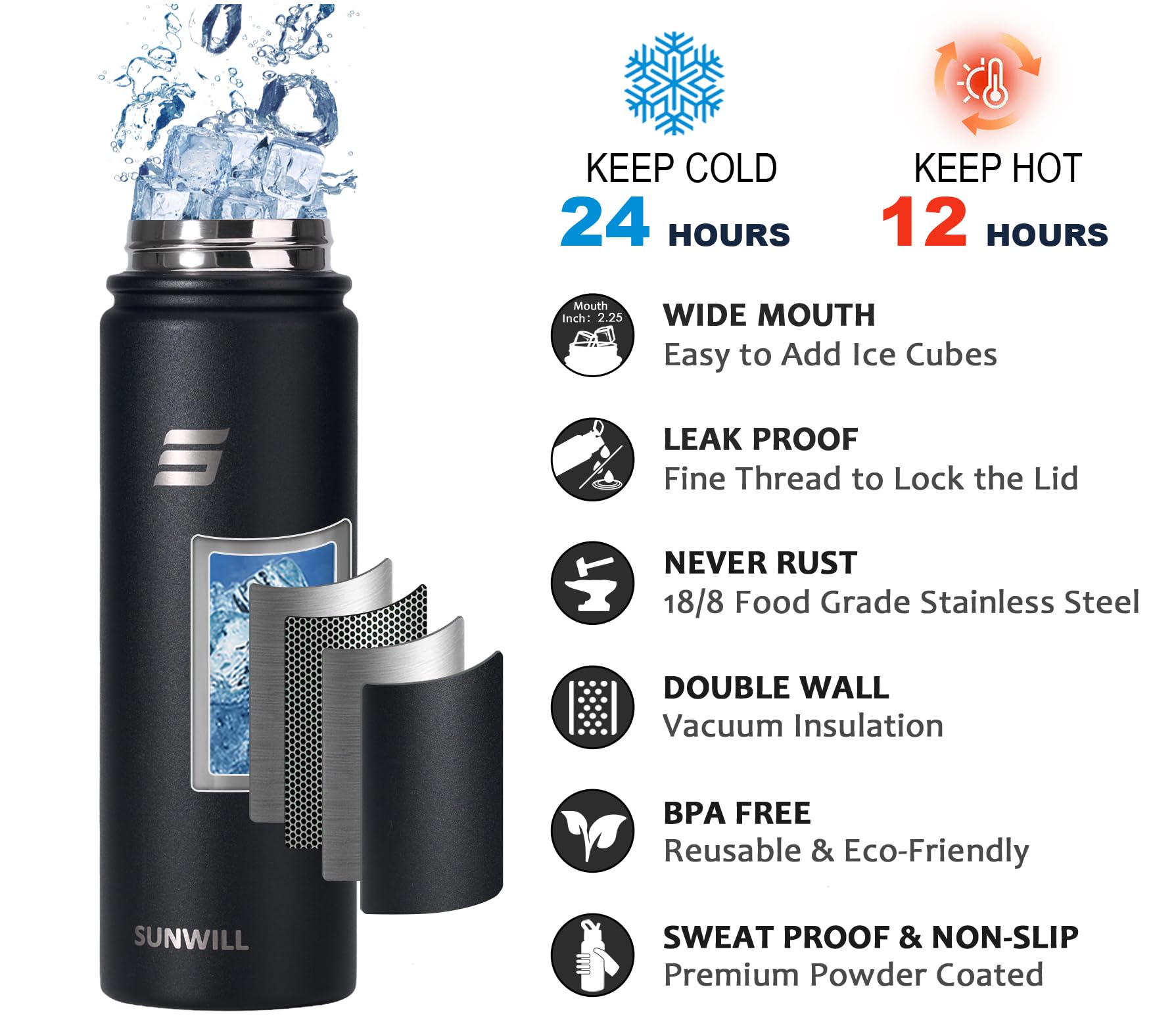 SUNWILL Metal Water Bottle with Straw 22 oz, Stainless Steel Insulated Flask for Cold and Hot Drink, Travel, Sports, Gym, Powder Coated Black 🍁 All In One Marketplace Canada