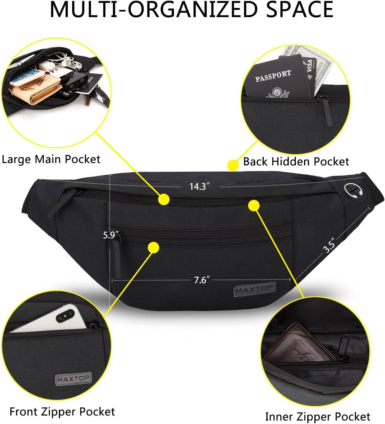 MAXTOP Large Fanny Pack for Women Men with 4-Zipper Pockets Gifts for Enjoy Festival Sports Workout Traveling Running Casual Hands-Free Water-Resistant Sling Waist Pack Bag Carrying of Phones 🍁 All In One Marketplace Canada