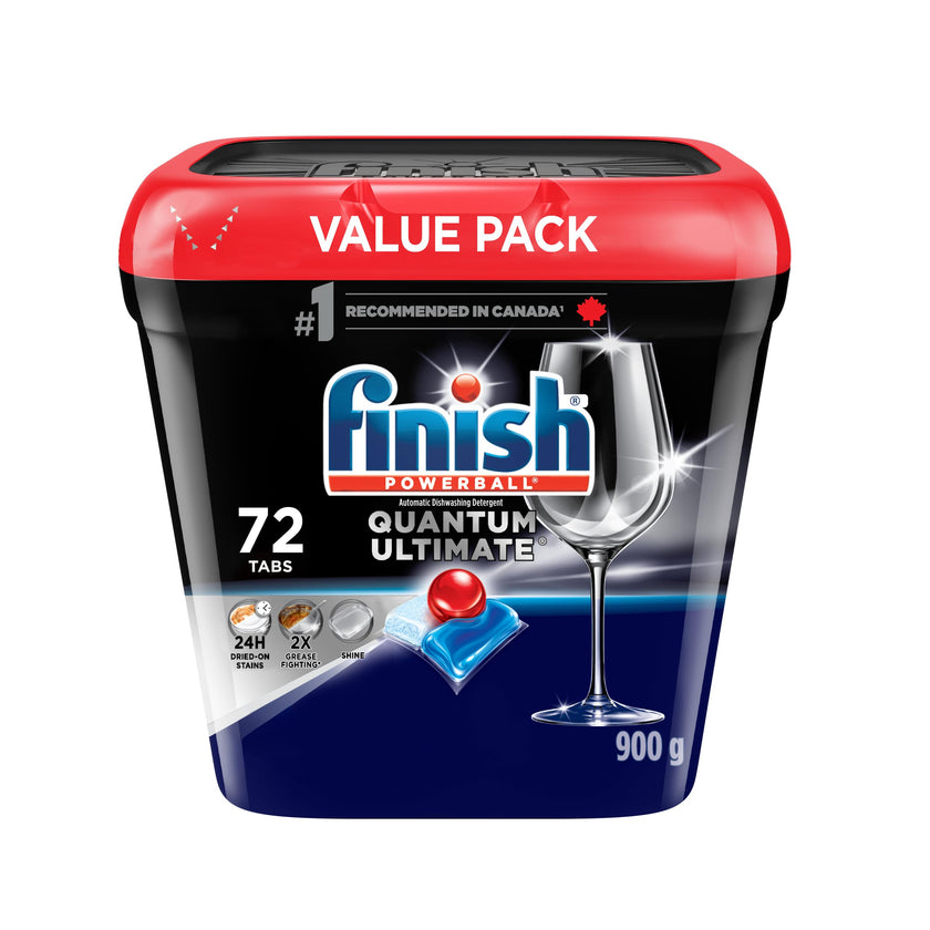 Finish Quantum Ultimate Dishwasher Detergent Pods, 3-Chamber Formula with Powerball, 2X Grease Fighting*, 24H Dried-On Stains, Deep Clean, Virtually Spotless Shine, No Pre-Rinse, 72 Tabs 🍁 All In One Marketplace Canada