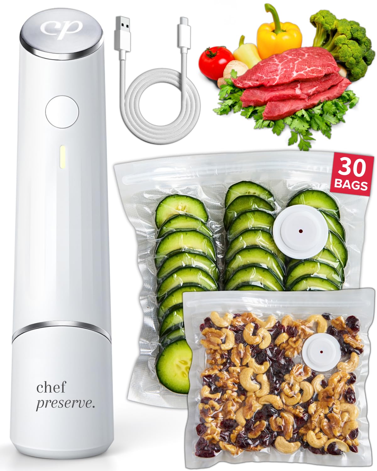Chef Preserve Compact Vacuum Sealer for Food (Vacuum Sealer Machine + 30 Reusable Vacuum Bags) Powerful Handheld Vacuum Sealer Machine, Seal Meal Saver, Portable Food Sealer 🍁 All In One Marketplace Canada