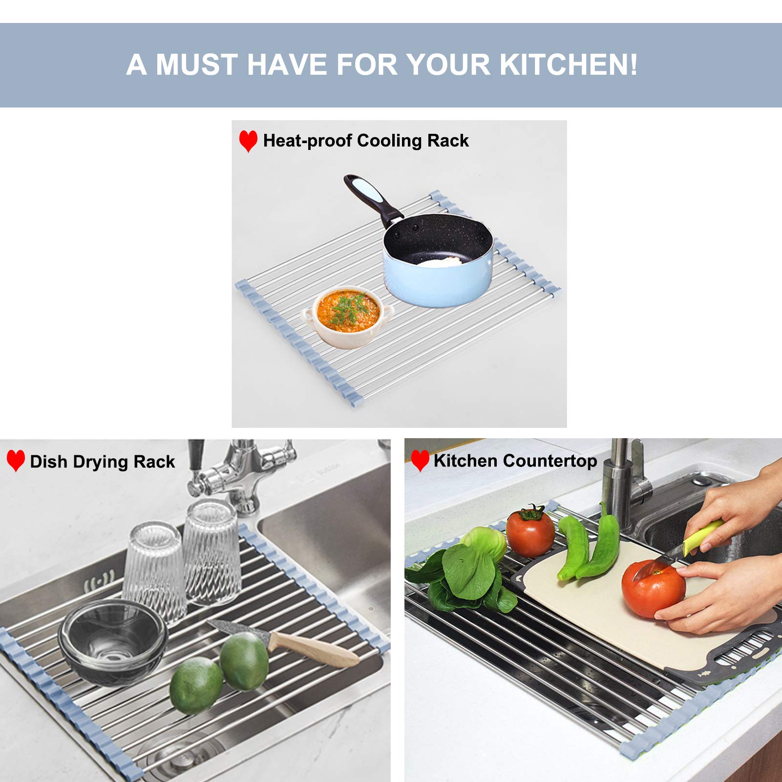 Over Sink Dish Drying Rack, Roll Up Dish Drying Rack Kitchen Sink Rack Dish Rack Stainless Steel Sink Drying Rack, Foldable Dish Drainer (17.5''x11.8'') 🍁 All In One Marketplace Canada