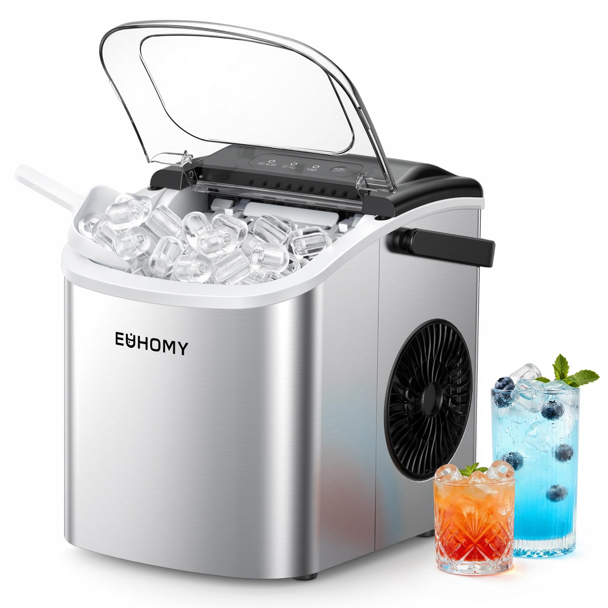 EUHOMY Countertop Ice Maker Machine with Handle, 26lbs Per Day, 9 Ice Cubes Ready in 6 Mins, Auto-Cleaning Portable Ice Maker with Basket and Scoop, for Home/Kitchen/Camping/RV (Silver) 🍁 All In One Marketplace Canada