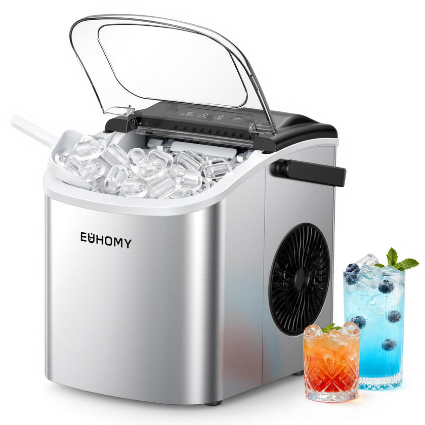 EUHOMY Countertop Ice Maker Machine with Handle, 26lbs Per Day, 9 Ice Cubes Ready in 6 Mins, Auto-Cleaning Portable Ice Maker with Basket and Scoop, for Home/Kitchen/Camping/RV (Silver) 🍁 All In One Marketplace Canada