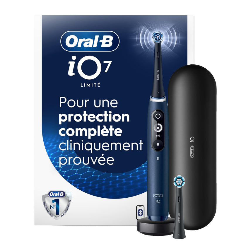 Oral-B iO Electric Toothbrush, Deep Clean + Protect, Rechargeable, Sapphire Blue with Visible Pressure Sensor, 5 Cleaning Settings, 2 Min Timer, a iO Series 7 Toothbrush, 2 Replacement Brush Heads, and Charging Travel Case 🍁 All In One Marketplace Canada
