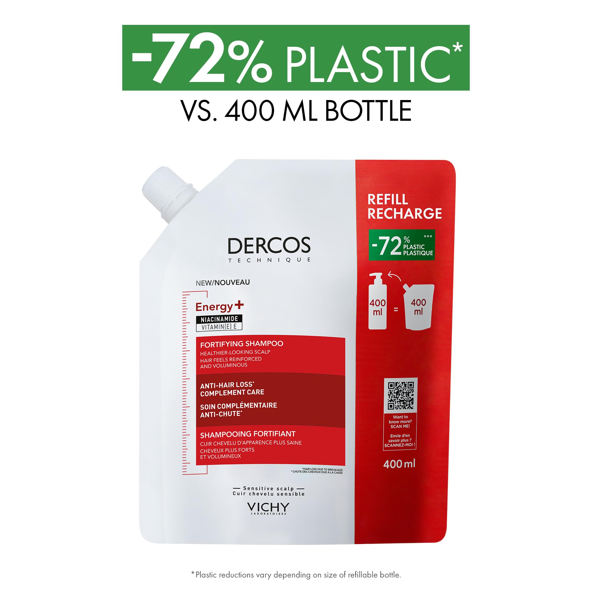 Vichy Fortifying Shampoo Refill, Dercos Energy+ Hair Shampoo with Niacinamide & Vitamin E to Protect, Thicken, & Strengthen Hair. Reduce Frizz & Hair Breakage. Recommended by Dermatologists, 400mL 🍁 All In One Marketplace Canada