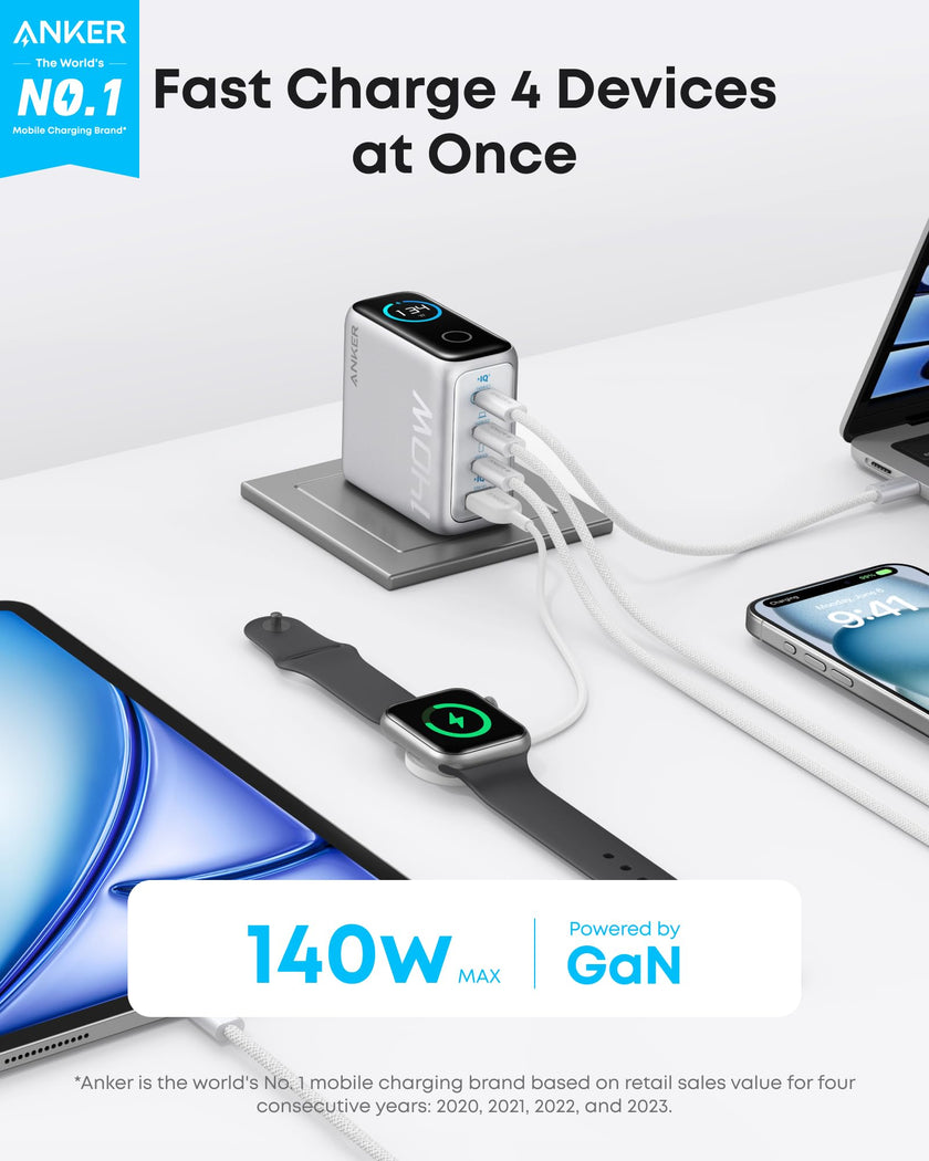 Anker Laptop Charger, 140W MAX USB C Charger, 4-Port Multi-Device Fast Charging, Advanced GaN Power Adapter, Intuitive Touch Controls, for MacBook, iPhone 17/16 Series, Samsung Galaxy, Pixel, and More 🍁 All In One Marketplace Canada