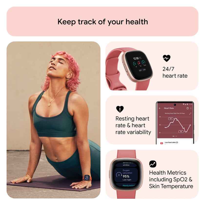 Google Fitbit Versa 4 Fitness Smartwatch with Daily Readiness, Gps, 24/7 Heart Rate, 40+ Exercise Modes, Sleep Tracking and More, Pink Sand/copper Rose, One Size (S and L Bands Included) 🍁 All In One Marketplace Canada