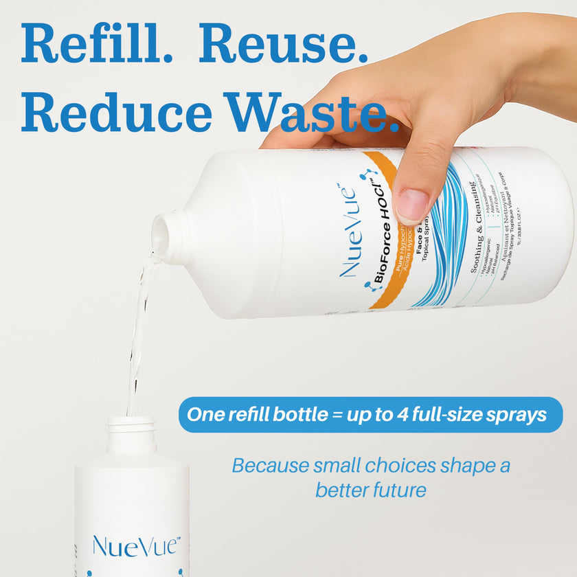 BioForce 1 Liter Hypochlorous Acid Spray Refill For Face & body - Acne-Prone Skin & Eczema, Piercing aftercare, Tattoo Aftercare, Made in Canada, All-in-One Gentle facial Cleanser & Toner, pH Balanced, Hypoallergenic & Non-comedogenic by NueVue (33.8 fl o