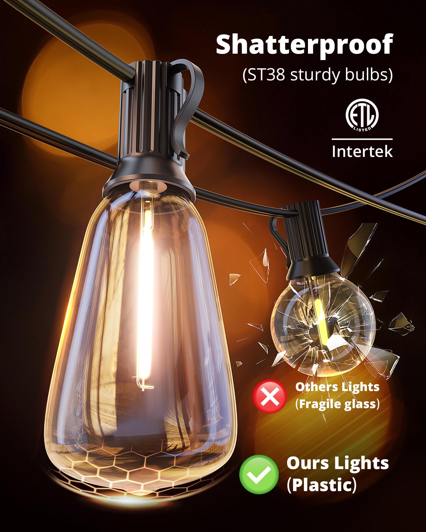 VIPAR Outdoor String Lights 60FT LED Patio Lights Waterproof with 28 Shatterproof ST38 Edison Bulbs Outside Hanging Light Dimmable Connectable for Porch, Deck, Garden, Backyard, Balcony, Decor, 2700K 🍁 All In One Marketplace Canada