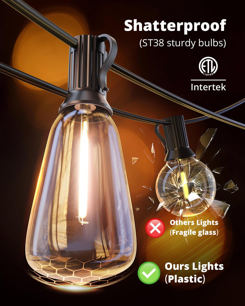 VIPAR Outdoor String Lights 60FT LED Patio Lights Waterproof with 28 Shatterproof ST38 Edison Bulbs Outside Hanging Light Dimmable Connectable for Porch, Deck, Garden, Backyard, Balcony, Decor, 2700K 🍁 All In One Marketplace Canada
