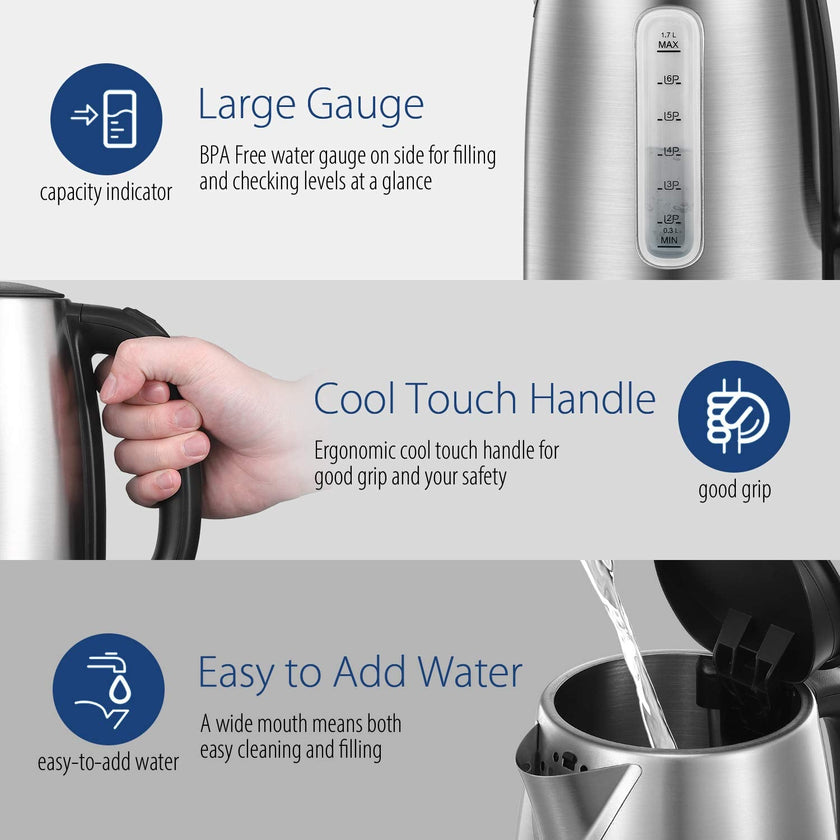 COMFEE' Stainless Steel Electric Kettle, 1.7L Tea Kettle Electric for Boiling Water, Hot Water Kettle 1500W Fast Boil with LED Light, Auto Shut-Off and Boil-Dry Protection 🍁 All In One Marketplace Canada