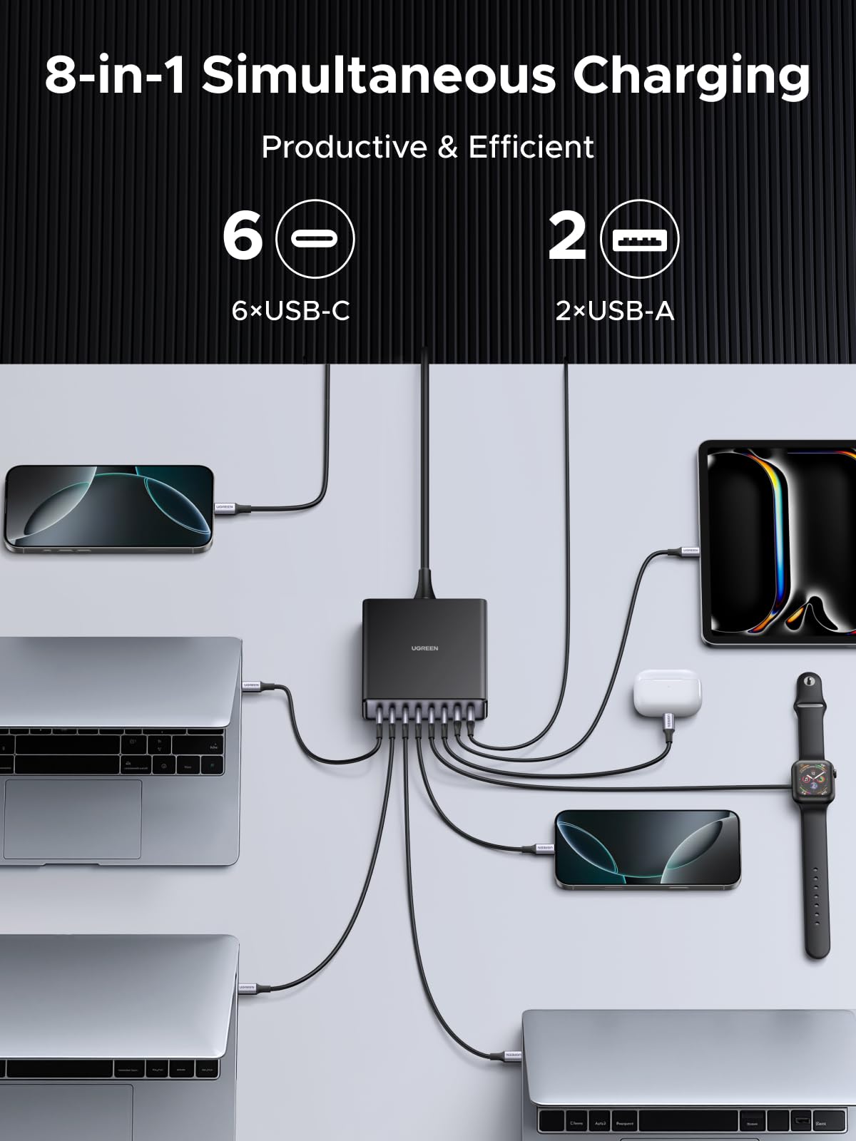 UGREEN 200W 8-Port GaN USB C Charger Block, Desktop Charging Station USB C and USB PD 100W Fast Charging Compatible for MacBook Pro 16