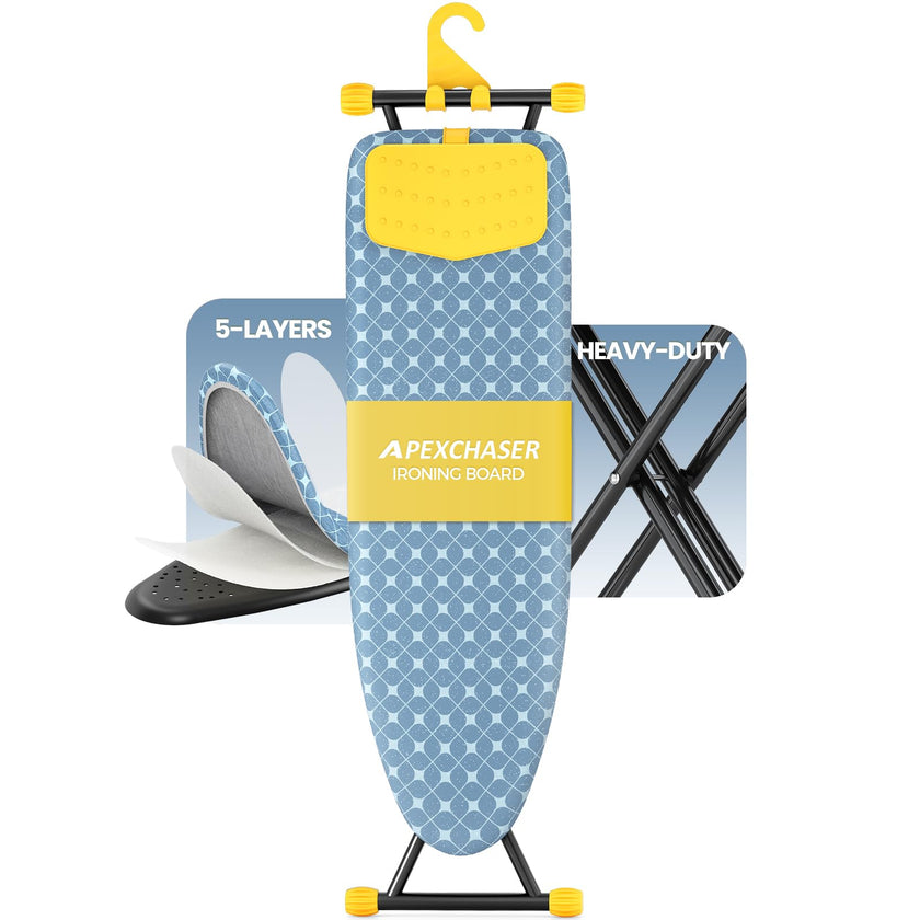 APEXCHASER Ironing Board with Iron Rest, Compact and Space Saver Iron Board, Extra Thick Cover, Height Adjustable, Wall Mount & Closet Hanger 13x43 Yellow 🍁 All In One Marketplace Canada