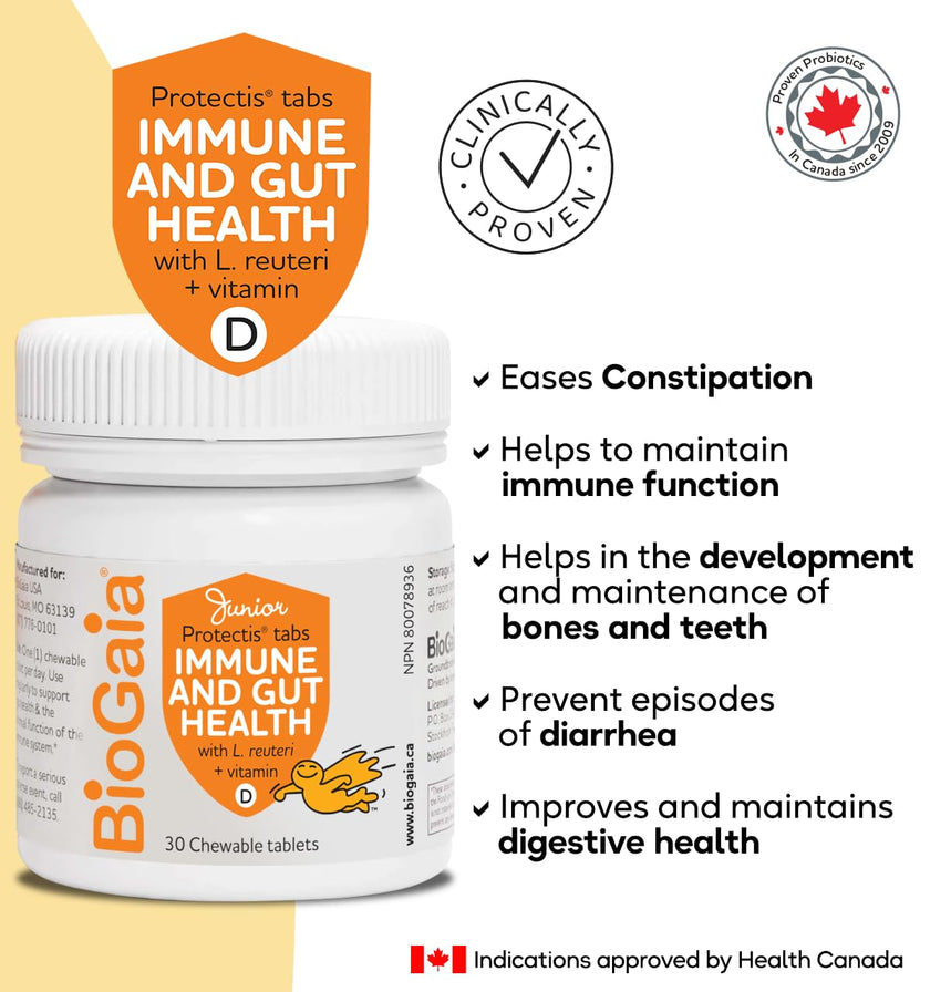 BioGaia Probiotic Junior Immune & Gut Health Tablets | New Format | Probiotic + 800 IU of Vit. D | 30-Day Supply/Chewable Tablets | For kids & Teens | Eases constipation | Helps maintain immune function | Development of bones and teeth | Prevent episodes