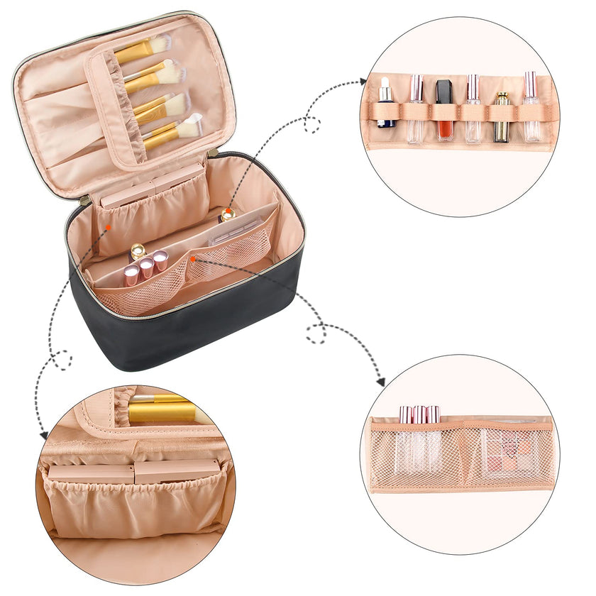 Makeup Bag, Portable Cosmetic Bag, Large Capacity Travel Makeup Case Organizer for Women and Girls, Train Case Makeup Bag for Toiletries for Traveling with Handle and Divider, Black 🍁 All In One Marketplace Canada