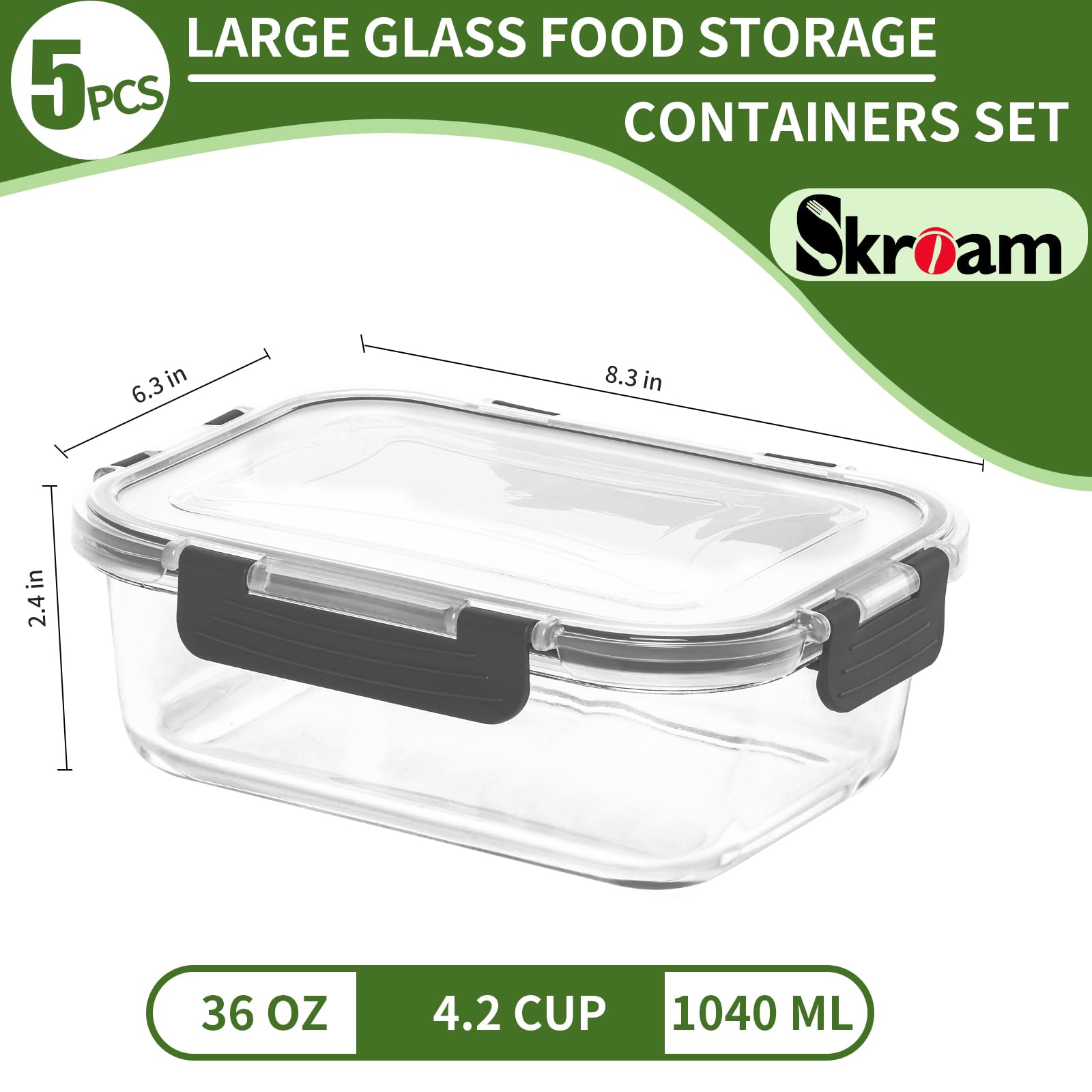 Skroam 5-Packs 36OZ Glass Food Storage Containers with Lids Airtight, Glass Meal Prep Container for Lunch, Pantry Organizers and Storage, Glass Lunch Boxes for Freezer to Oven Safe, Leak Proof 🍁 All In One Marketplace Canada