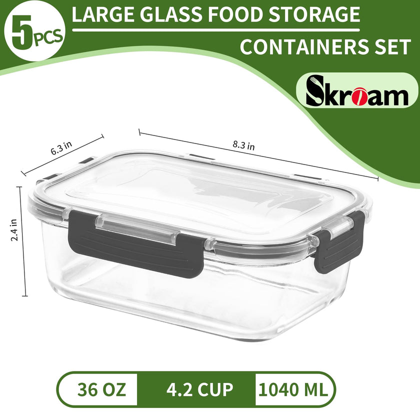 Skroam 5-Packs 36OZ Glass Food Storage Containers with Lids Airtight, Glass Meal Prep Container for Lunch, Pantry Organizers and Storage, Glass Lunch Boxes for Freezer to Oven Safe, Leak Proof 🍁 All In One Marketplace Canada