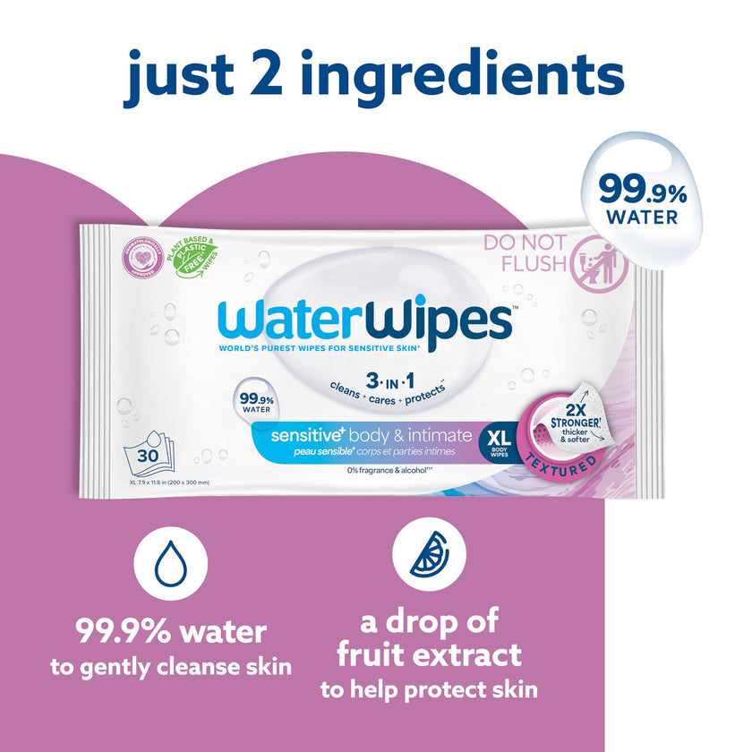 WaterWipes Sensitive+ Body & Intimate Wipes, 3-In-1 Cleans, Cares, Protects, 99.9% Water, Unscented & Hypoallergenic Hygiene Wet Wipes, Adult Care, 90 Wipes (3 Packs) 🍁 All In One Marketplace Canada
