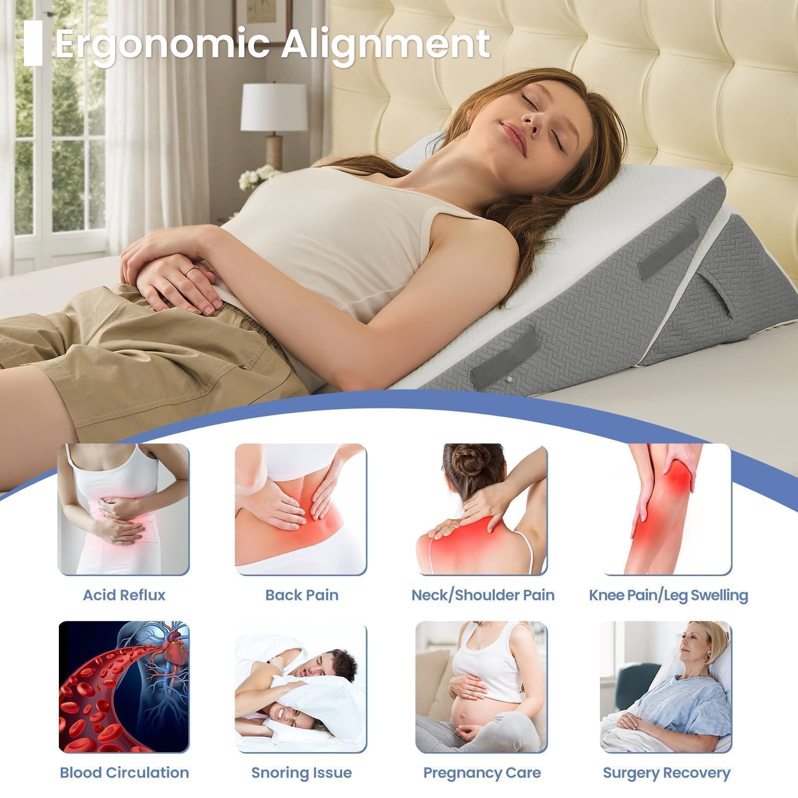 Sasttie Wedge Pillows for Adult, 2PCS Adjustable Bed Wedge Pillow for Post Surgery, Triangle Pillow Headboard with Bolster Cushion for Sleeping, Acid Reflux, Neck & Back Support, White and Dark Grey 🍁 All In One Marketplace Canada