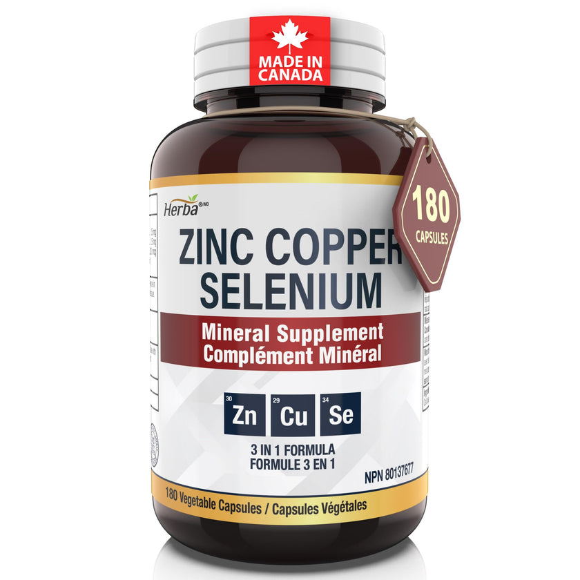 Herba Zinc Picolinate 25mg with Copper and Selenium - 180 Capsules | 3 in 1 Mineral Supplement | Selenium Zinc Copper Supplement | 6 Months Supply | Immune Support | Made in Canada 🍁 All In One Marketplace Canada