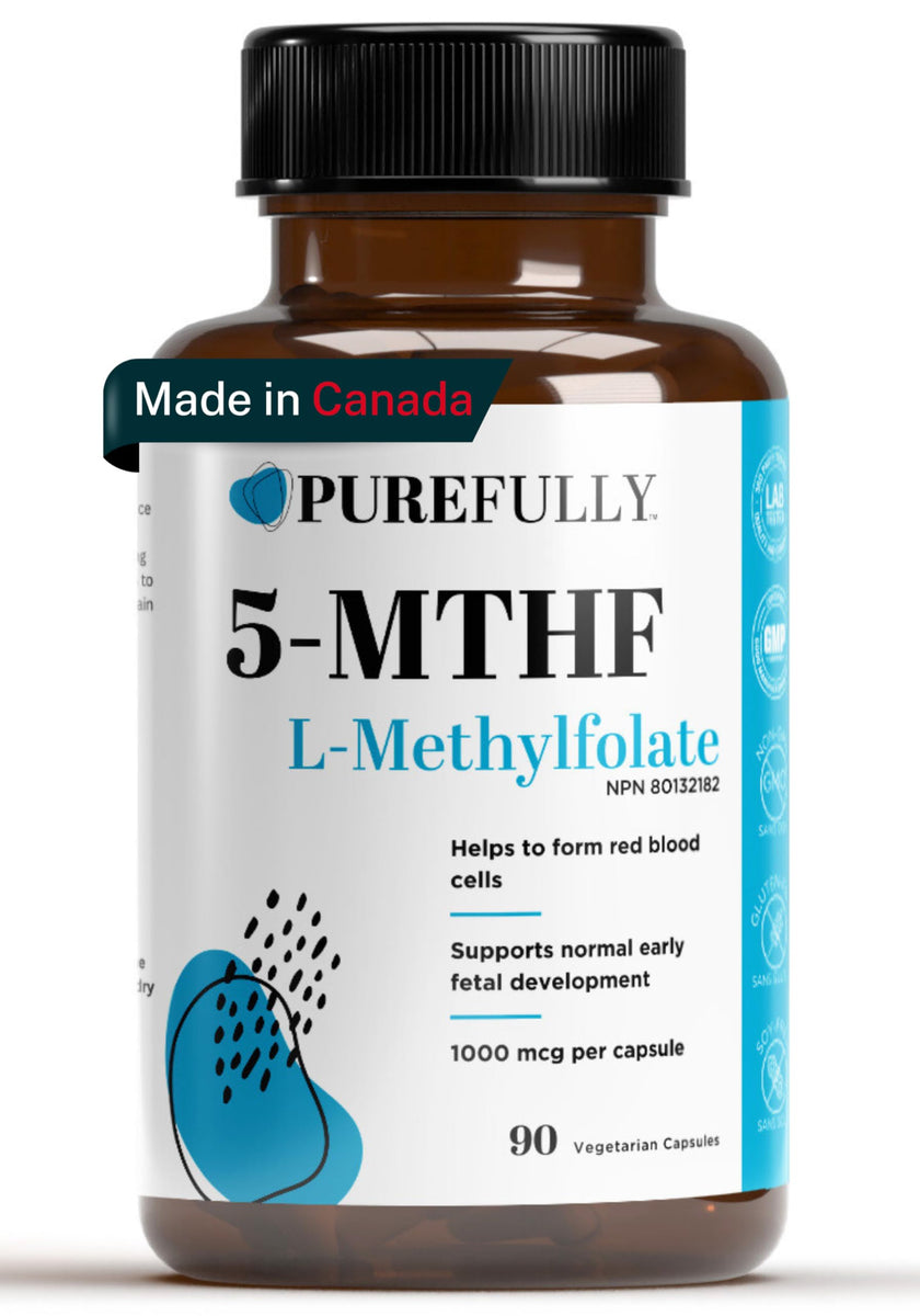 PUREFULLY 5-MTHF 1000mcg, 90 Capsules - L Methylfolate (Active Form of Vitamin B9 Folate) Supplement - Supports Cardiovascular Health and Early Fetal Development 🍁 All In One Marketplace Canada