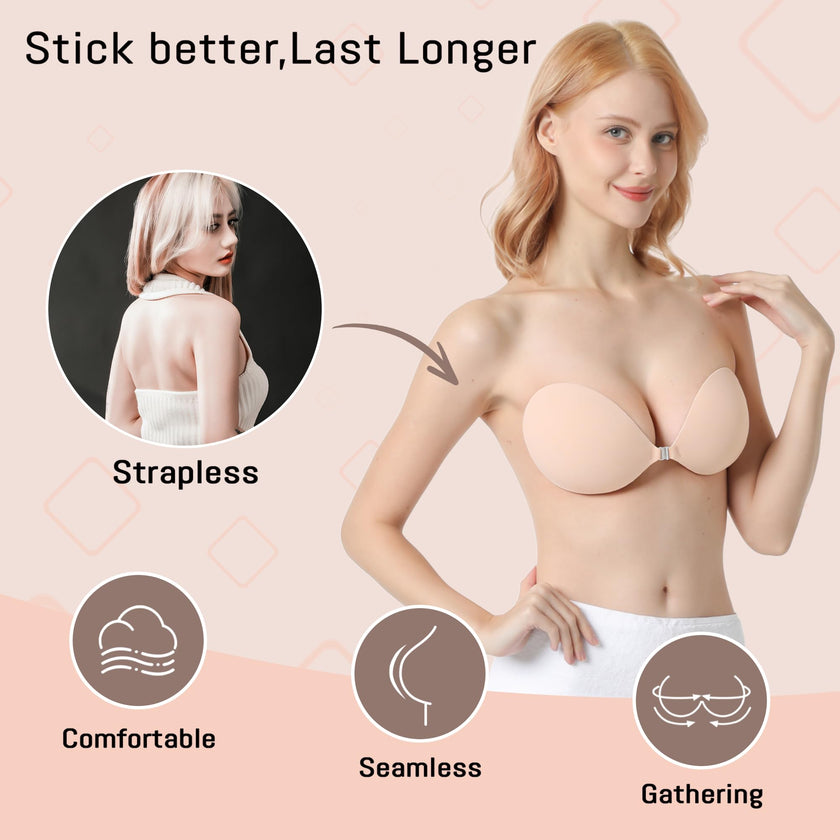 GKHWON Adhesive Bra Strapless Backless Invisible Push Up Sticky Bra with Silicone Nipple Covers Reusable Beige+Black A 🍁 All In One Marketplace Canada