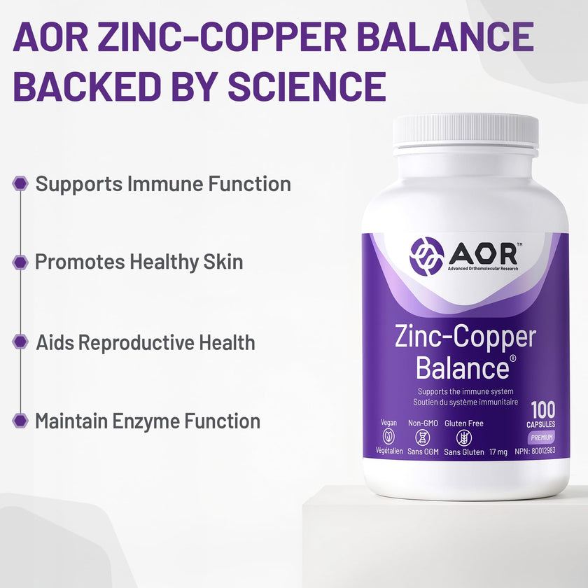AOR Zinc Copper Balance 17mg, 100 V-Caps, 100-Day Supply - Nutrient Support for Skin, Hair, Bone & Overall Wellness, NON-GMO & Gluten-Free, Easy-to-Swallow, Zinc & Copper Supplements for Men & Women 🍁 All In One Marketplace Canada