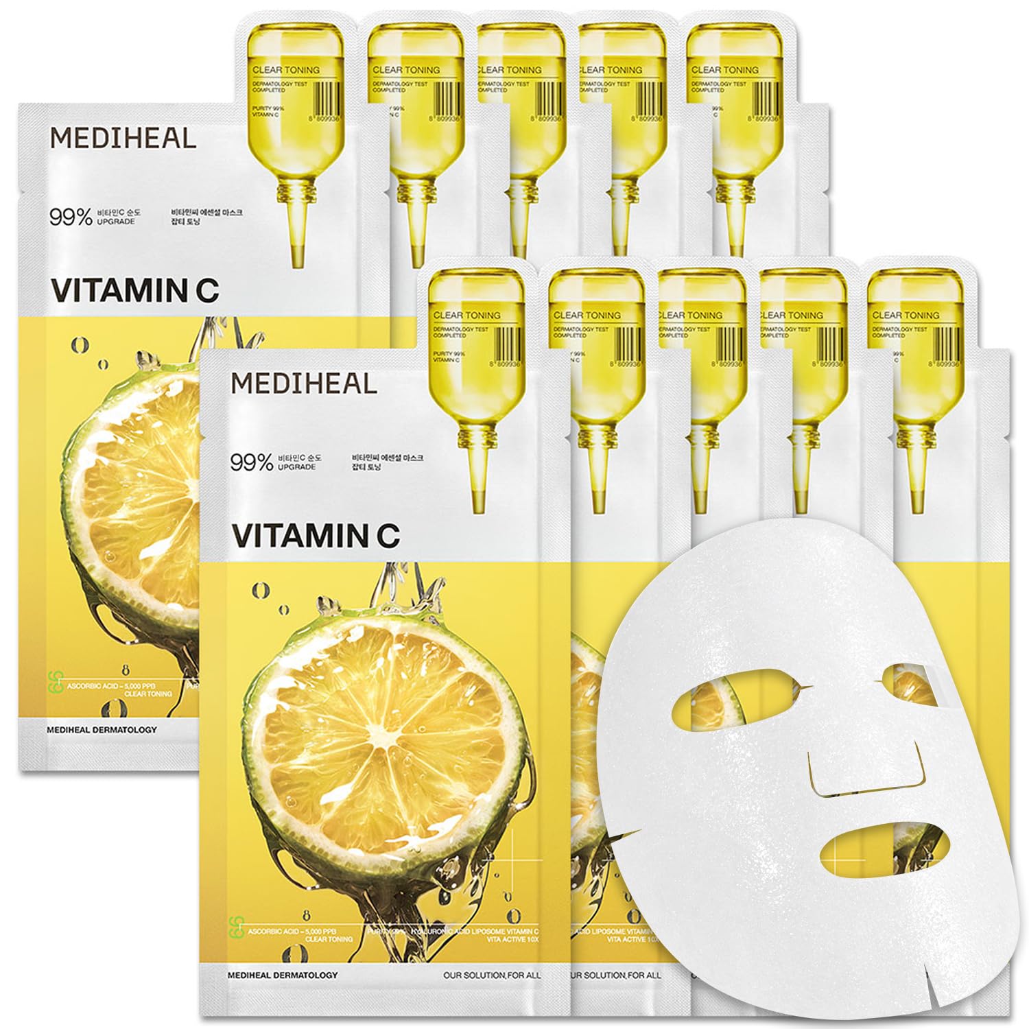 MEDIHEAL Vitamin C Essential Face Mask - Brightening & Hydrating Facial Mask for Blemish & Uneven Skin Tone, Clear Toning with Niacinamide, Vegan, Korean Skincare for Women (10 Sheets) 🍁 All In One Marketplace Canada