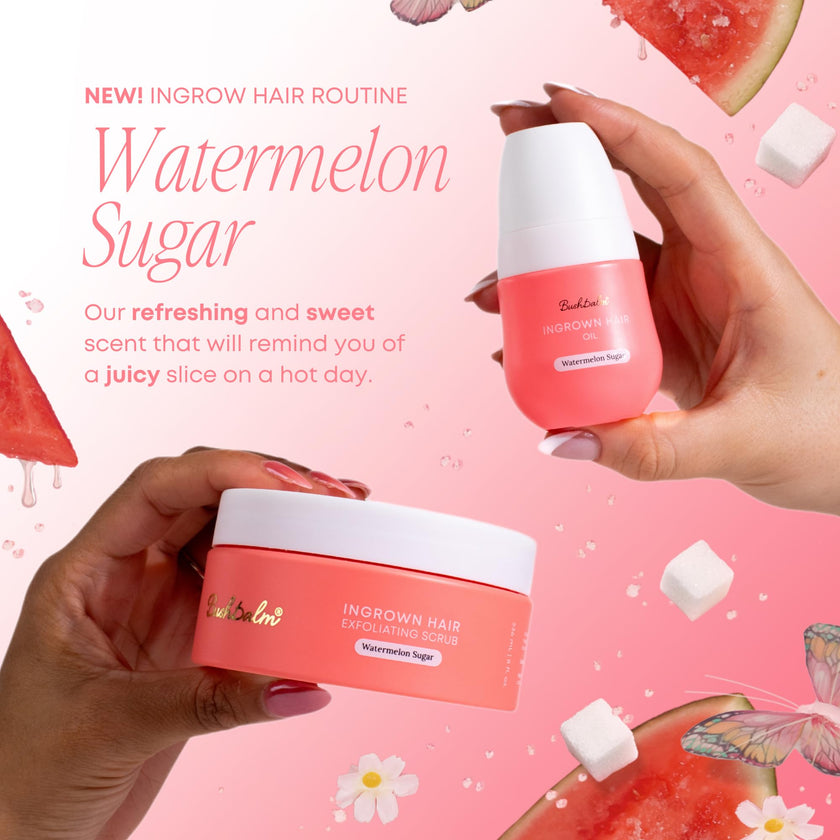 Bushbalm Ingrown Hair 2 Step Routine - Moisturize and Soothe - Ingrown Hair Oil (30 ml), Exfoliating Scrub (236 ml) - Watermelon Sugar - Valued at $49 🍁 All In One Marketplace Canada