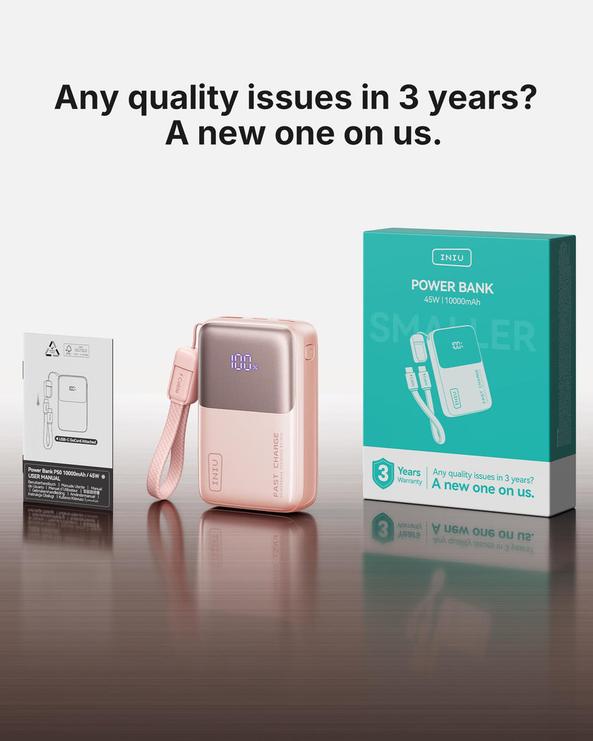INIU Power Bank, Ultra Mini 10000mAh 45W Fast Charging Portable Charger, USB C Battery Pack with Cable, Flight-Safe Travel Powerbank for iPhone 17 16 15 14 13 12 Pro Max Air, Samsung S26 S25 S24, Pink 🍁 All In One Marketplace Canada