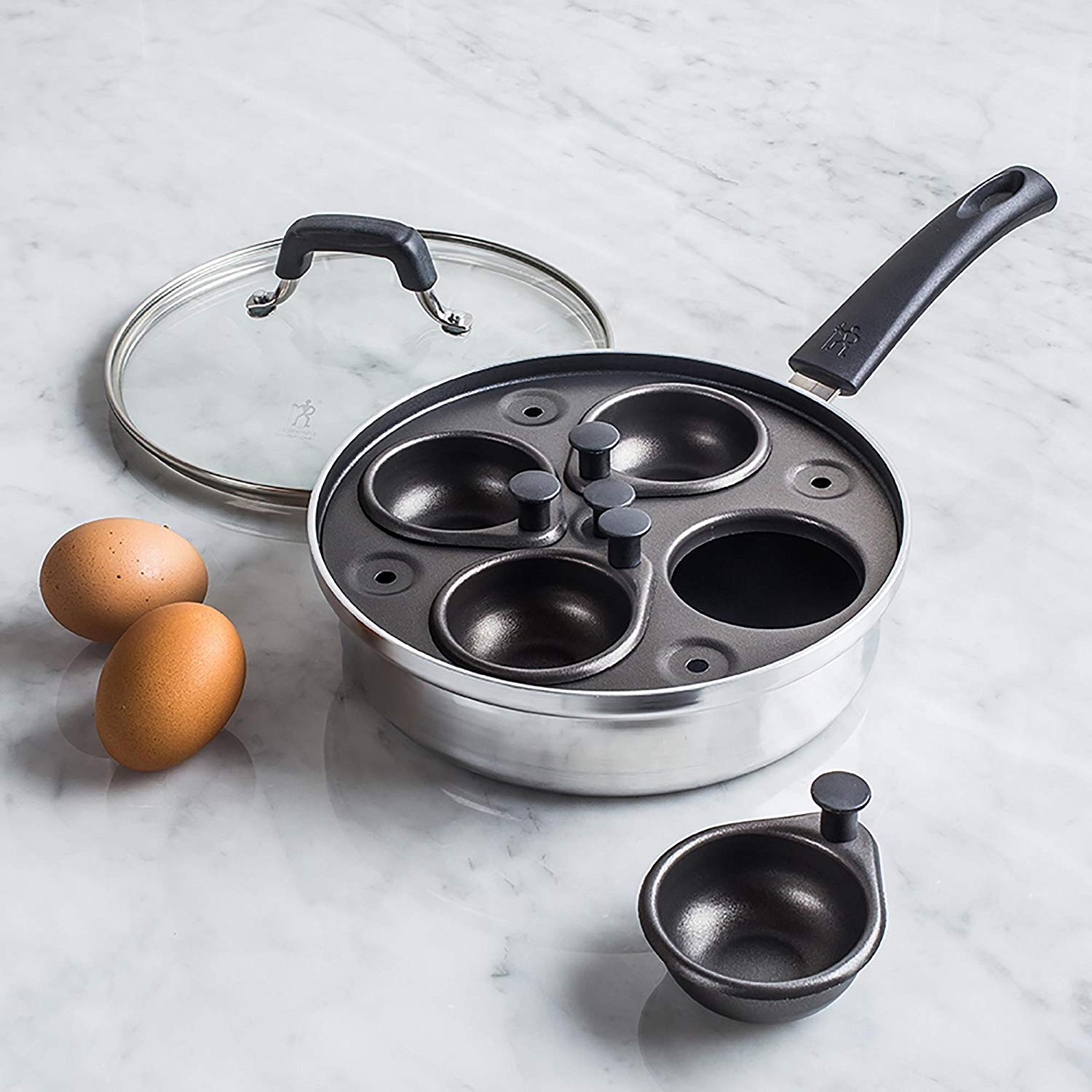 HENCKELS Non-Stick 4 Cup Egg Poacher with Glass Lid, Silver, Black, 🍁 All In One Marketplace Canada
