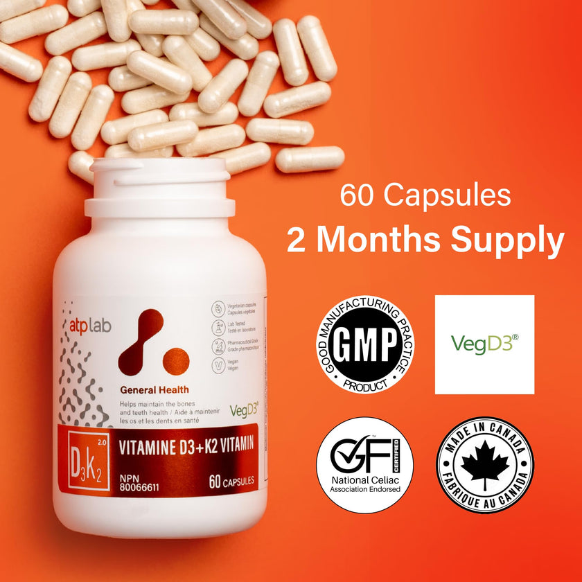 ATP LAB Vitamin D3K2 Supplement - 60 Vegetarian Capsules - 60 Day Supply - Plant-Based K2 MK-7 60 mcg & D3 1000 IU - Supports Bone & Teeth Health 🍁 All In One Marketplace Canada