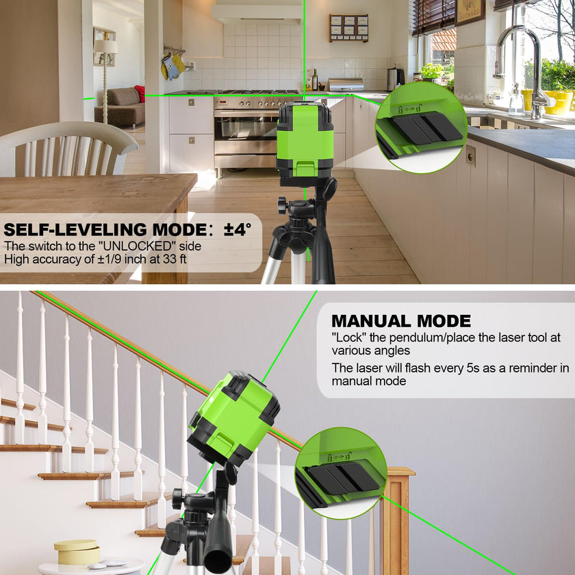 Huepar Self Leveling Laser Level with Tripod, 98Ft Green Cross Line Laser Leveler Tool for Picture Hanging, Tile, Home Renovation, Indoor Project, Battery Included, 40in Tripod 🍁 All In One Marketplace Canada