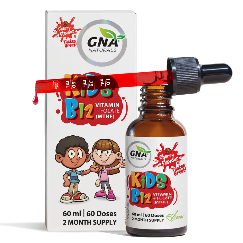 GNA Naturals Kids Vitamin B12 with Folate Supplement, 60ml - VitaminB12 Methylcobalamin 1000 mcg - Liquid Drops for Kids - Cherry Flavour- Methyl B12 Folate Supplement - Vitamin-B12-Complex – Vegan – For energy, metabolism and supports memory– Made in Can