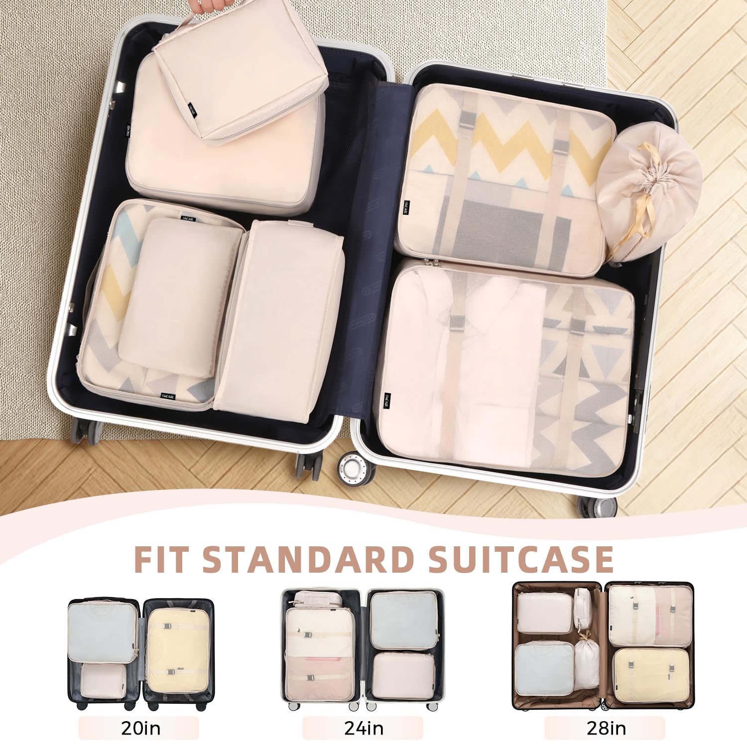 BAGAIL 8 Set Packing Cubes, Lightweight Travel Luggage Organizers with Shoe Bag, Toiletry Bag & Laundry Bag (Cream) 🍁 All In One Marketplace Canada