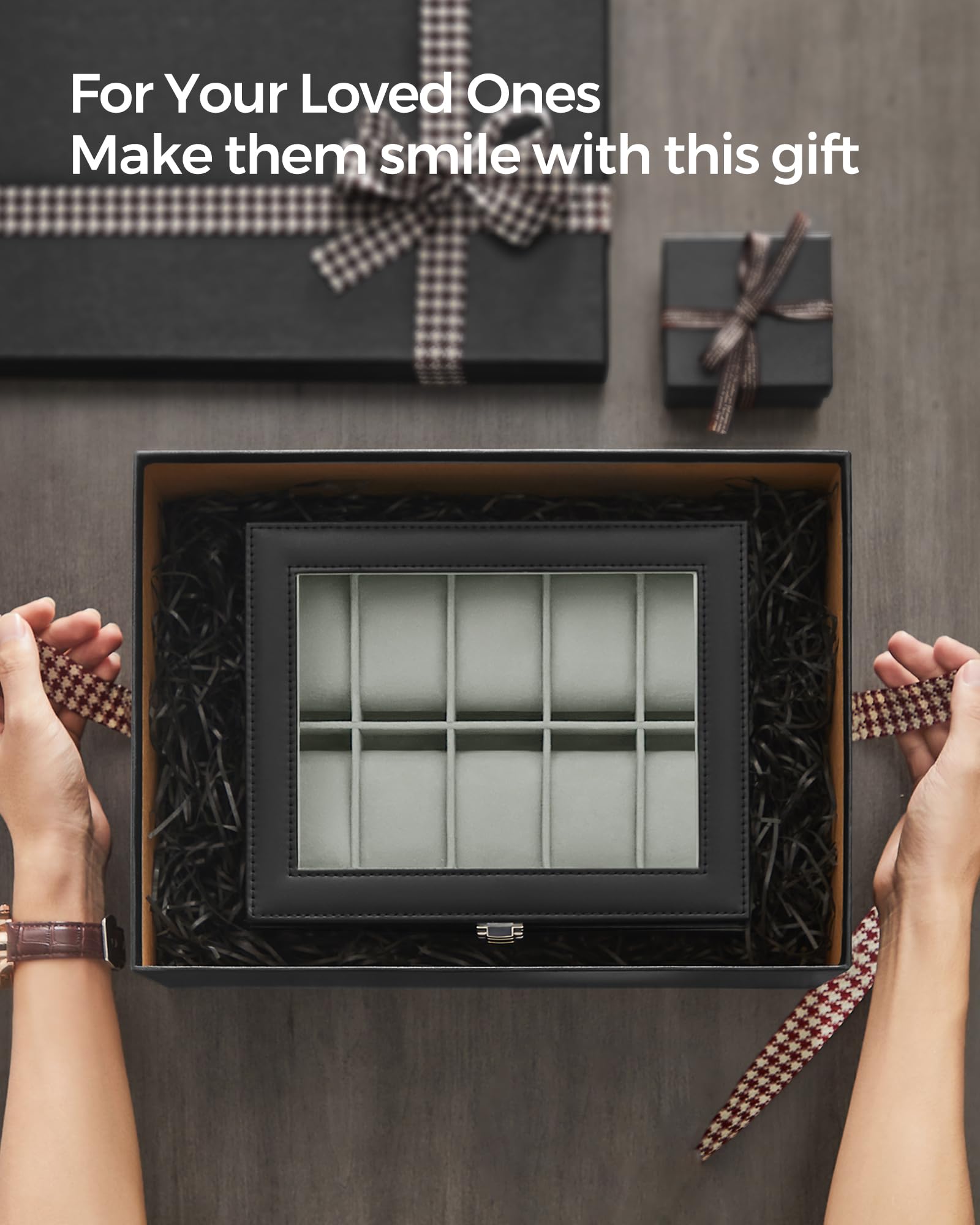 SONGMICS Watch Box, 10-Slot Watch Case Organizer with Large Glass Lid, Removable Pillows, Gift for Loved Ones, Black Synthetic Leather, Gray Lining UJWB010BK 🍁 All In One Marketplace Canada