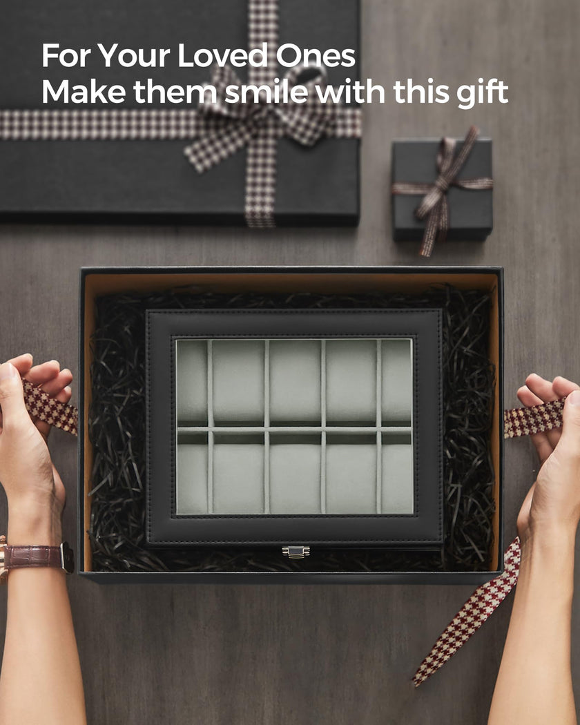 SONGMICS Watch Box, 10-Slot Watch Case Organizer with Large Glass Lid, Removable Pillows, Gift for Loved Ones, Black Synthetic Leather, Gray Lining UJWB010BK 🍁 All In One Marketplace Canada