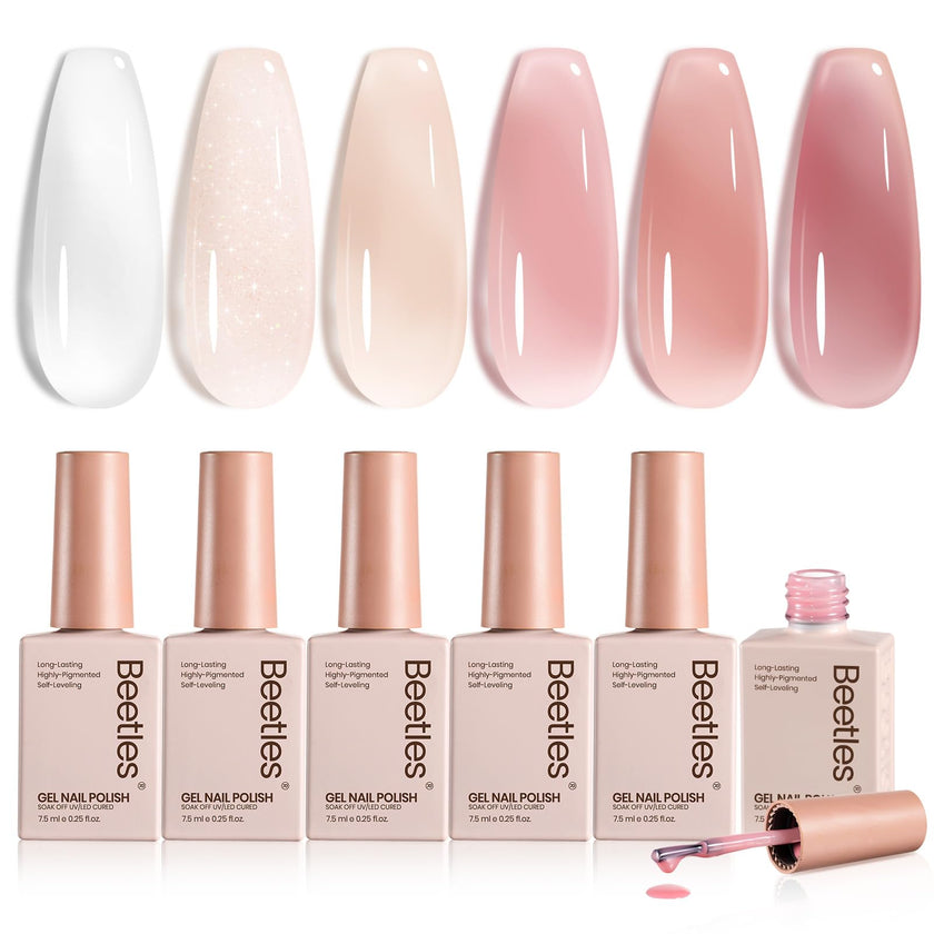 Beetles Jelly Gel Nail Polish Set 6 Colors Neutral Sheer Milky White Nude Pink Gel Polish Kit Translucent Soak off Uv Nail Gel Diy Manicure Gifts for Girls Women 🍁 All In One Marketplace Canada