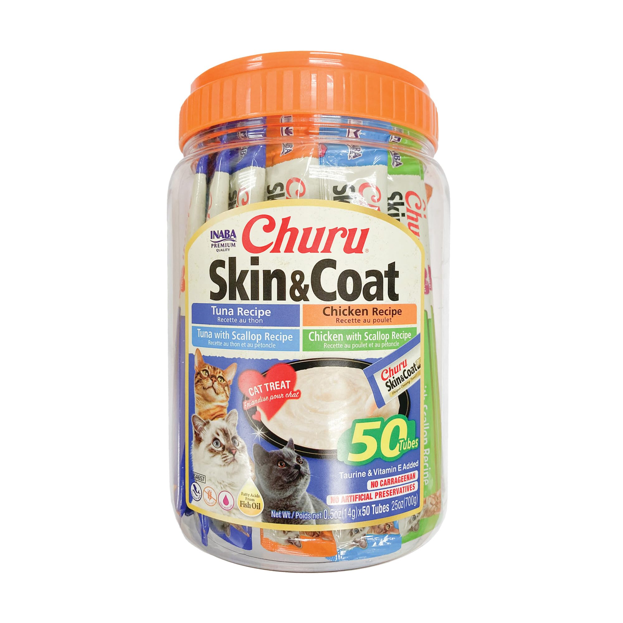 INABA Churu for Skin & Coat, Lickable, Squeezable Cat Treat with Omega Oils, Taurine and Vitamin E, 14 Grams Each Tube, 50 Tubes, Skin & Coat Variety 🍁 All In One Marketplace Canada