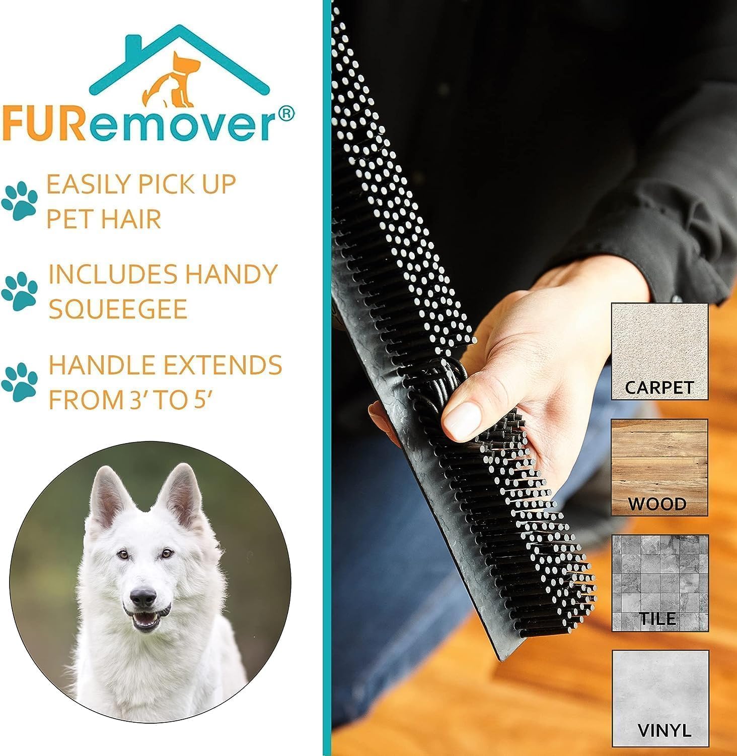 FURemover Broom SW-250I-AMZ-6, Pet Hair Removal Tool with Squeegee & Telescoping Handle That Extends from 3-5', Black & Yellow,1 Count (Pack of 1) 🍁 All In One Marketplace Canada