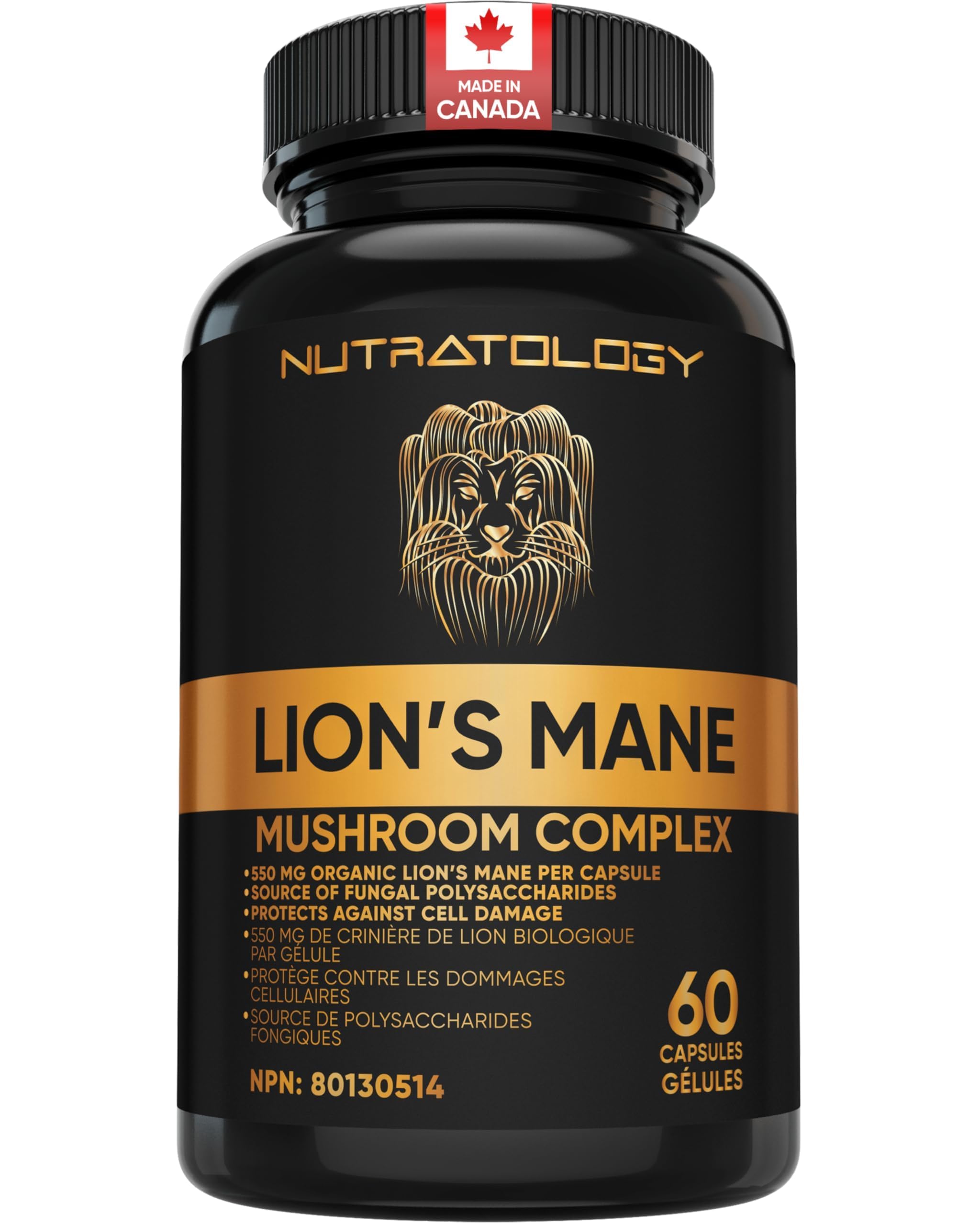 Nutratology® Organic Lion's Mane Mushroom Capasules - Nootropic Functional Mushroom Supplements Made With 40% Polysaccharides & >20% Beta-Glucan | Supports Memory, Cognition & Brain Health - 60 Count 🍁 All In One Marketplace Canada
