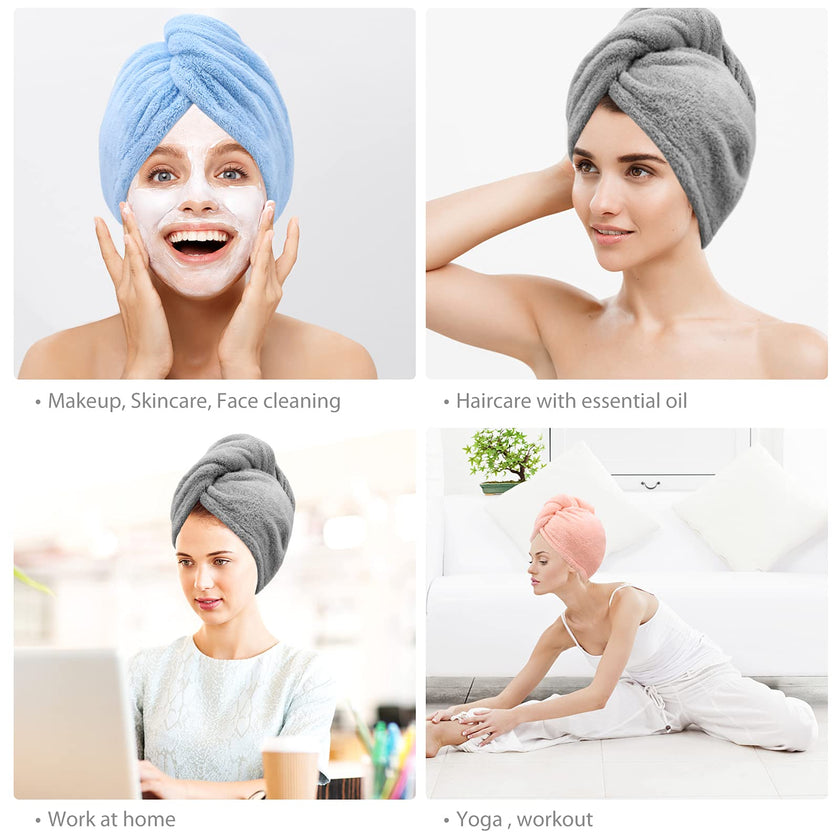 3 Pack Microfiber Hair Towel BEoffer Super Absorbent Hair Wraps for Women Wet Hair, Fast Drying Hair Turban, Hair Caps with Buttons for Drying Curly, Long & Thick Hair Anti Frizz (Gray+Pink+Blue) 🍁 All In One Marketplace Canada