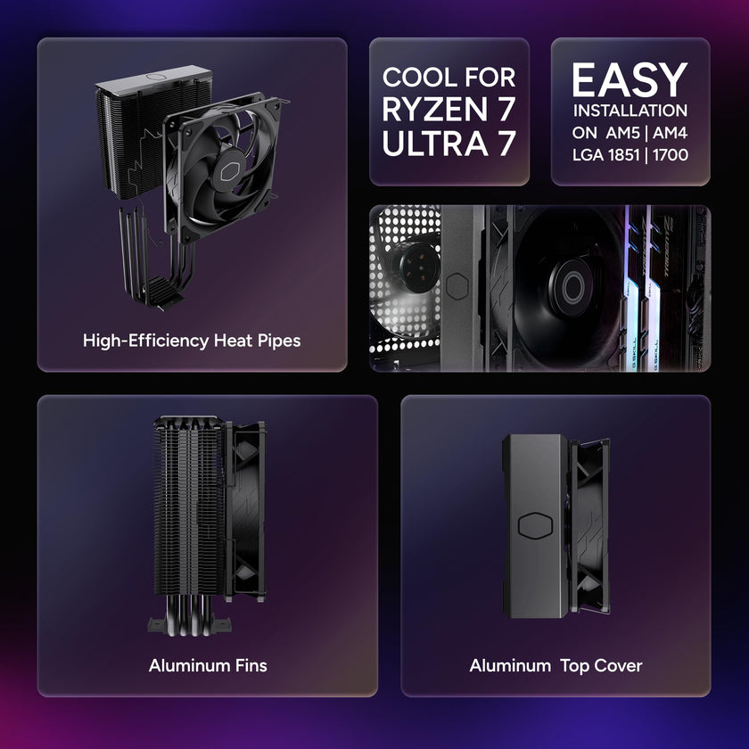 Cooler Master Hyper 212 Black Edition CPU Air Coolor, Silencio FP120 Fan, 4 CDC 2.0 Heatpipes, Anodized Gun-Metal Black, Brushed Nickel Fins for AMD Ryzen/Intel LGA1200/1151 🍁 All In One Marketplace Canada