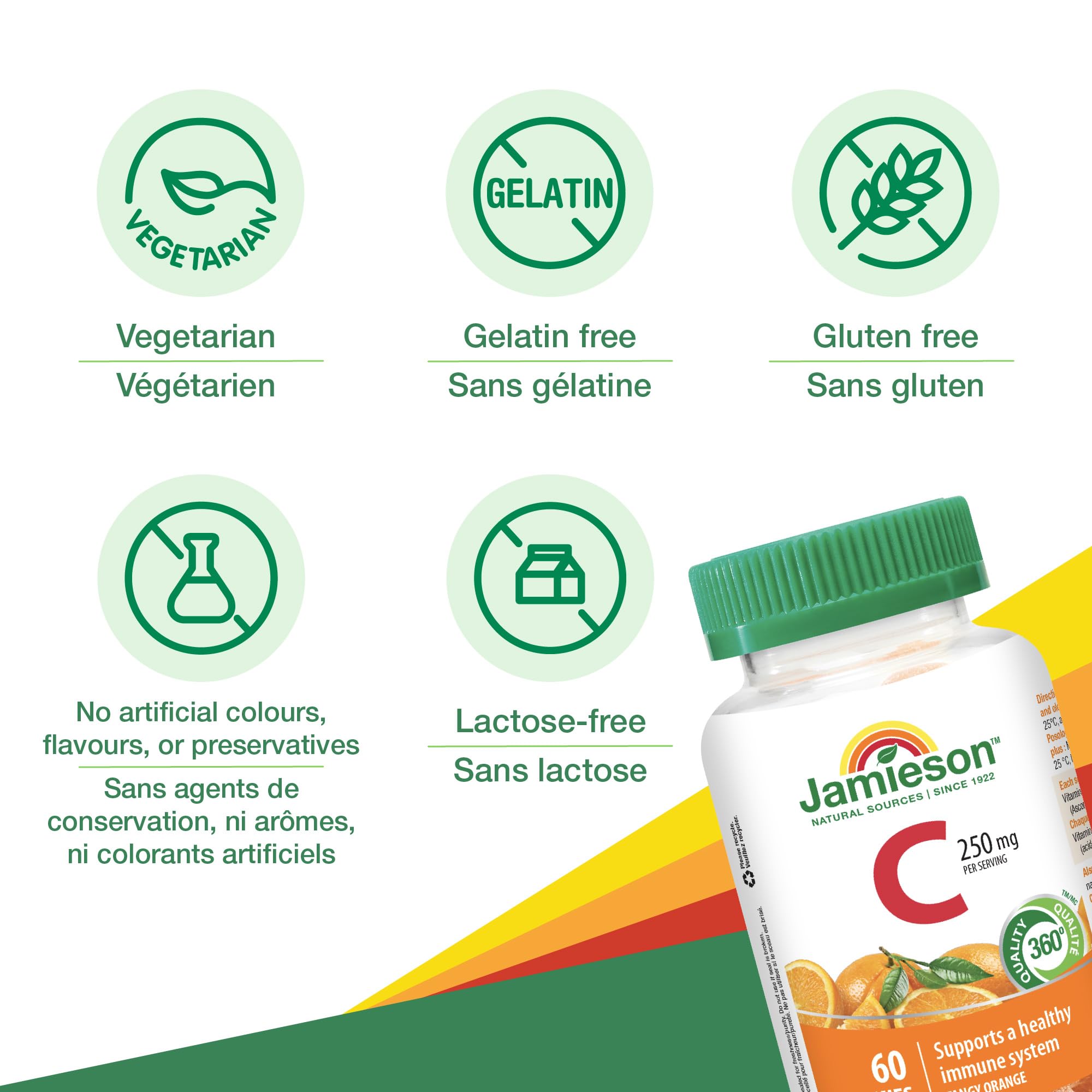 Jamieson Vitamin C 250 mg, 60 Gummies, Natural Tangy Orange Flavour. Supports Immune Health, Strong Teeth and Bones. Family Friendly (3+), Vegetarian, Non-GMO, Gelatin-Free 🍁 All In One Marketplace Canada