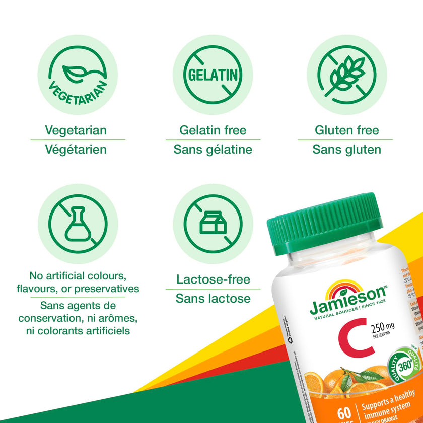 Jamieson Vitamin C 250 mg, 60 Gummies, Natural Tangy Orange Flavour. Supports Immune Health, Strong Teeth and Bones. Family Friendly (3+), Vegetarian, Non-GMO, Gelatin-Free 🍁 All In One Marketplace Canada