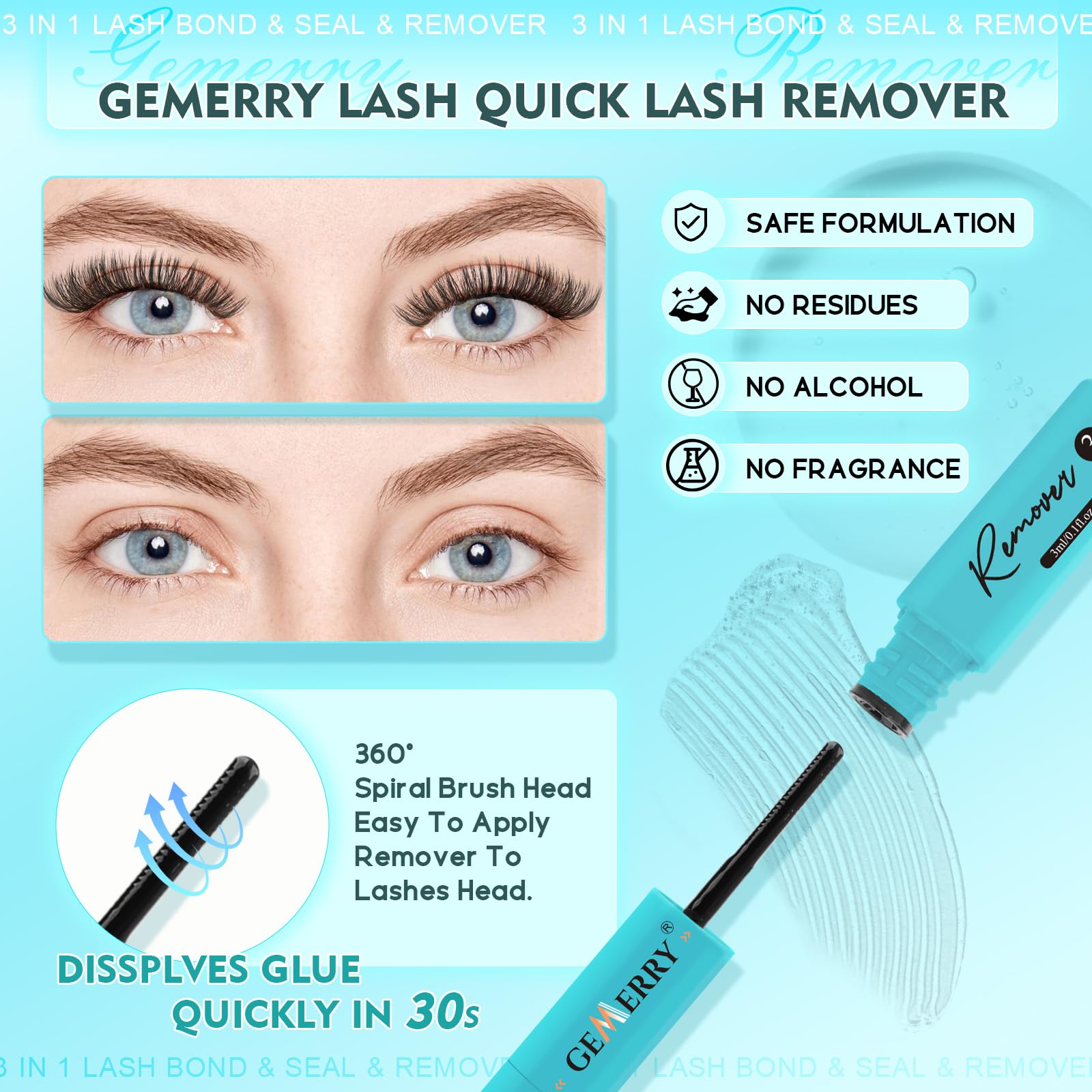 GEMERRY 3-IN-1 Lash Glue Lash Bond and Seal and Remover Clusters Lashes Glue Black Cluster Eyelash Glue Waterproof Long Lasting DIY Eyelash Extension at Home Latex-Free 9ML 🍁 All In One Marketplace Canada