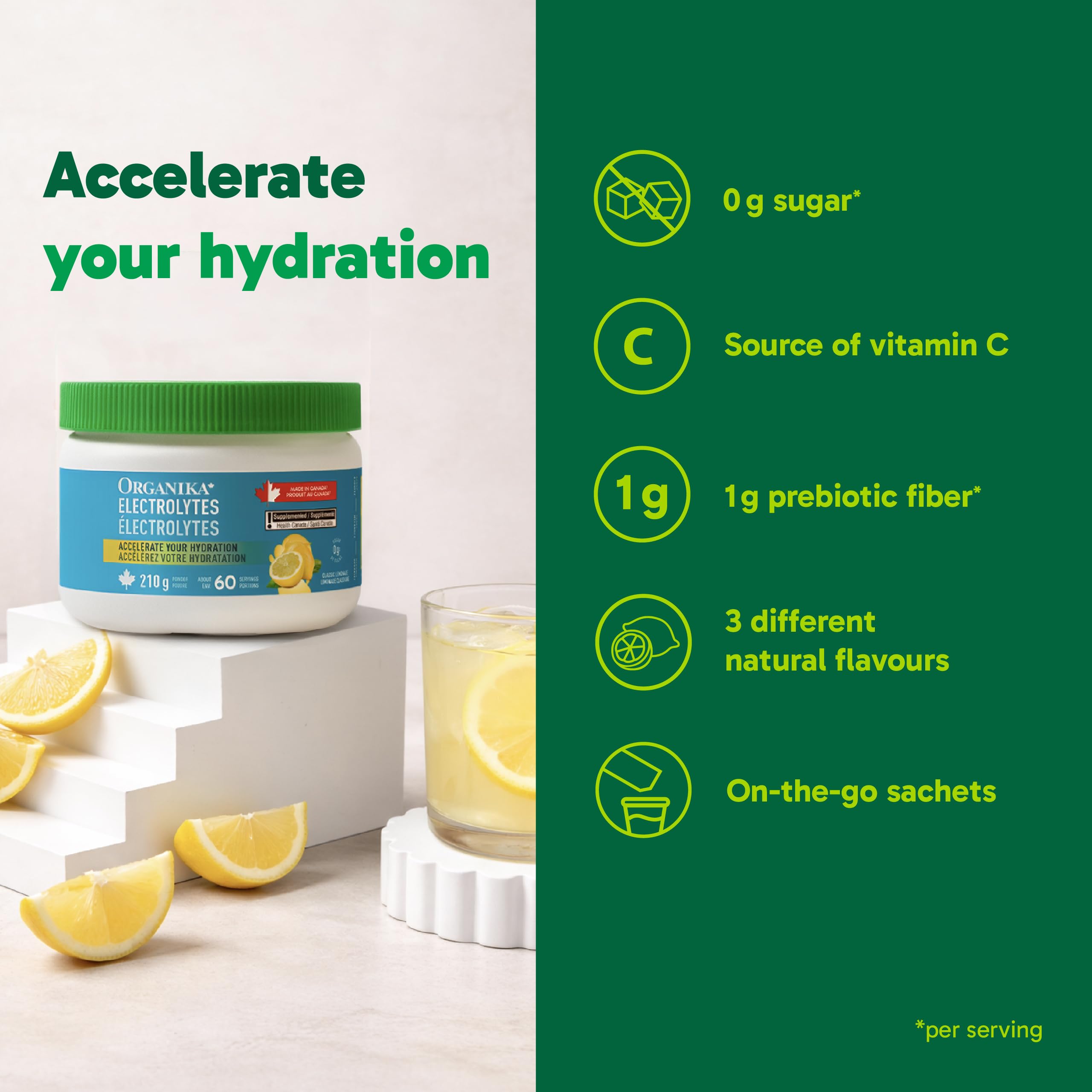 Organika Canadian-Made Electrolytes Powder with Vitamin C & Prebiotic Fibre - Sugar-Free Hydration Drink Mix - Classic Lemonade - 210 g - 60 servings 🍁 All In One Marketplace Canada